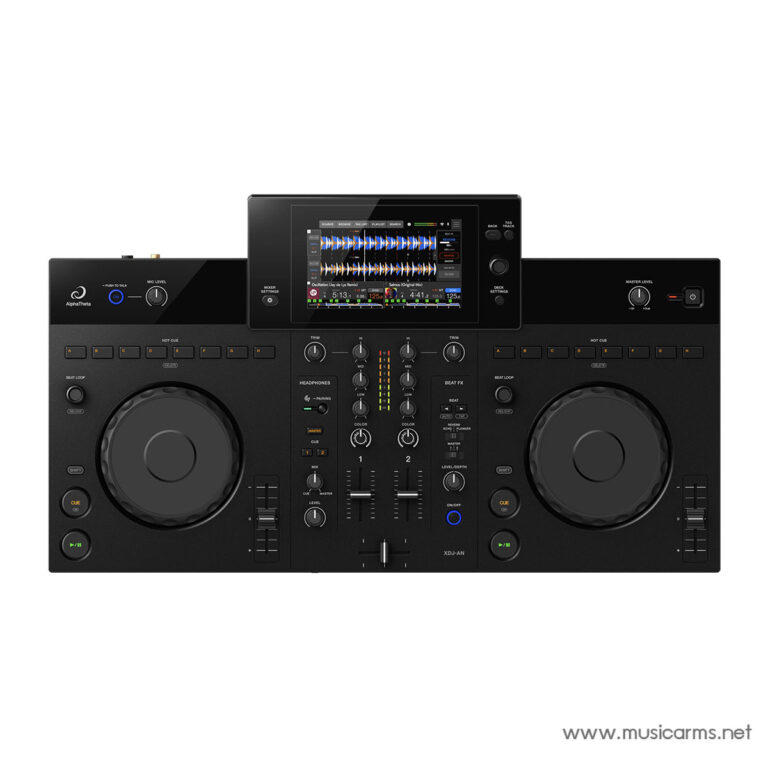 Dual-deck DJ controller with a central mixer, large jog wheels on each side, and a touchscreen display on top in a black finish. ขายราคาพิเศษ