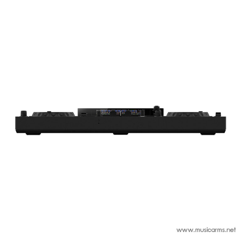 Black DJ controller shown from a side view with two circular jog wheels on either end and a central mixer section ขายราคาพิเศษ