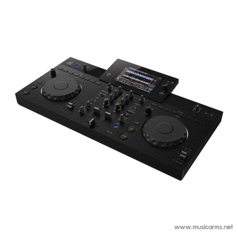 Two‑deck DJ controller with large jog wheels, mixer section, and touch screen for mixing tracks on a black professional unit. ขายราคาพิเศษ