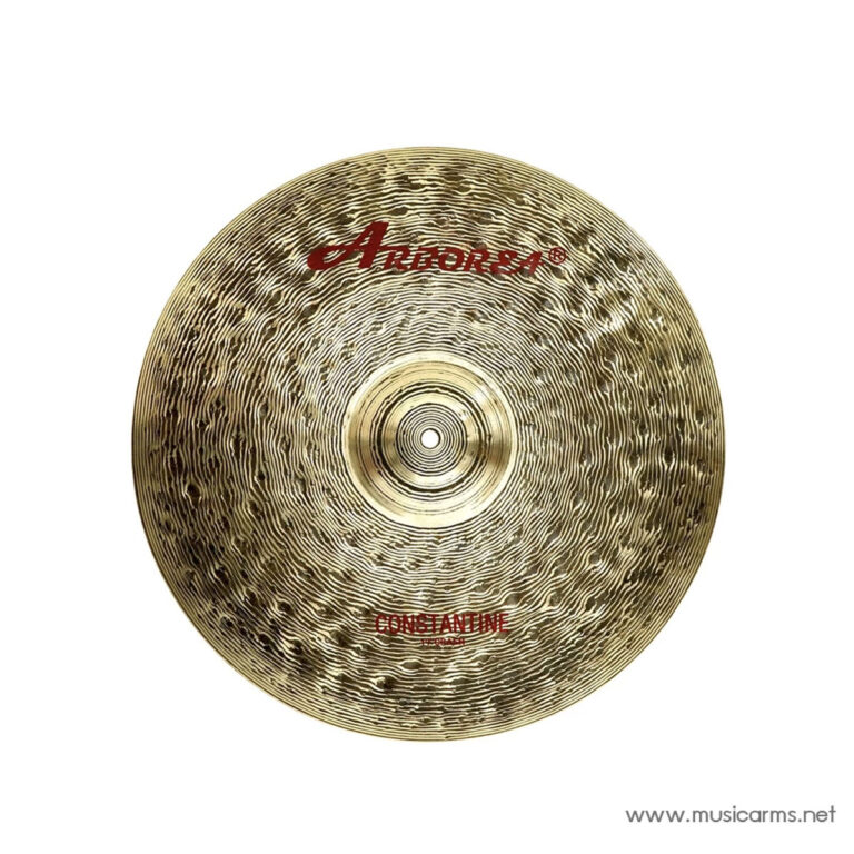 Golden brass cymbal viewed from above with circular hammer marks, red brand logo, and a small website watermark in the corner. ขายราคาพิเศษ