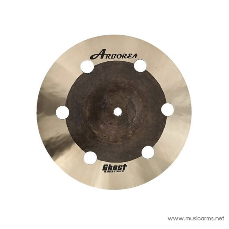 Round metallic drum cymbal with six holes around a dark center hub and a central mounting hole. ขายราคาพิเศษ