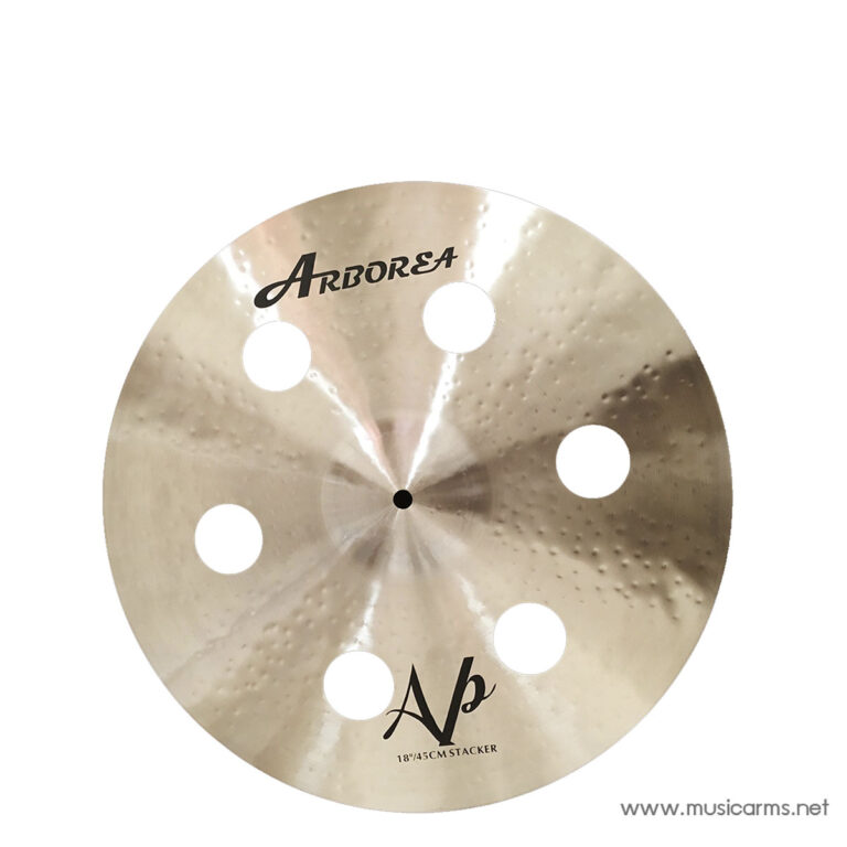 Cymbal with six sound holes and a central mount hole, branded Arborea AP 18