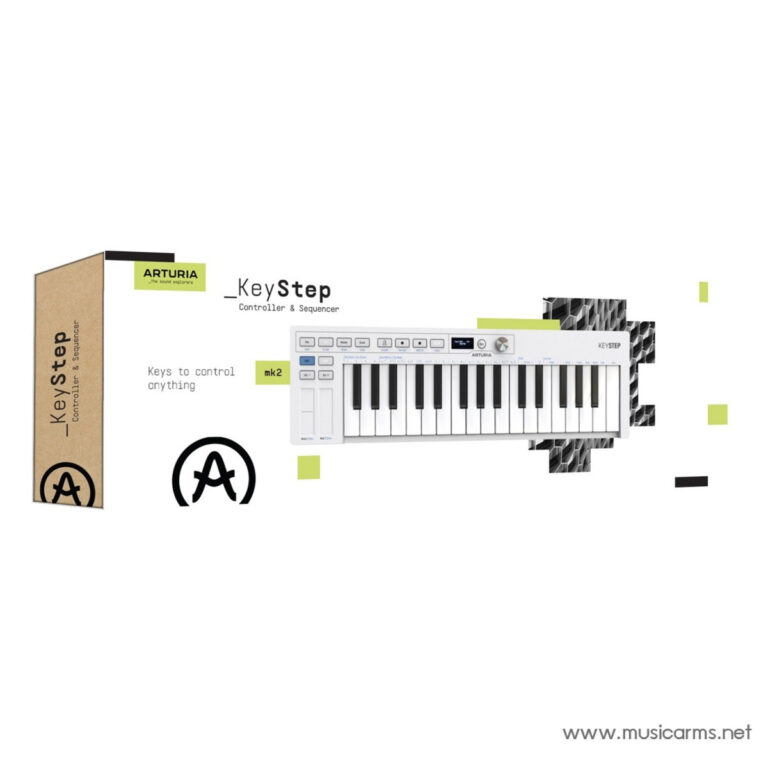 Arturia KeyStep controller and sequencer with packaging box on left and a white keyboard against a white background. ขายราคาพิเศษ