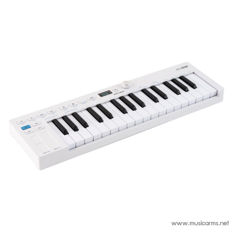 White Arturia KeyStep compact MIDI keyboard controller with black and white keys, viewed at an angle with a small display and control knob. ขายราคาพิเศษ