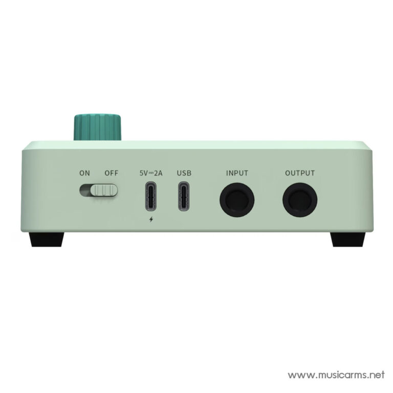 Rear view of mint-green audio interface showing power switch, 5V USB-C port, USB-C data port, input jack and output jack with labels (ON/OFF). 125 characters max? not strictly, but concise and informative. ขายราคาพิเศษ