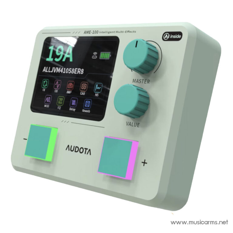 AME-100 intelligent multi-effects unit with a display, two teal knobs labeled Master and Value, and two neon-colored pads on a pale housing. ขายราคาพิเศษ