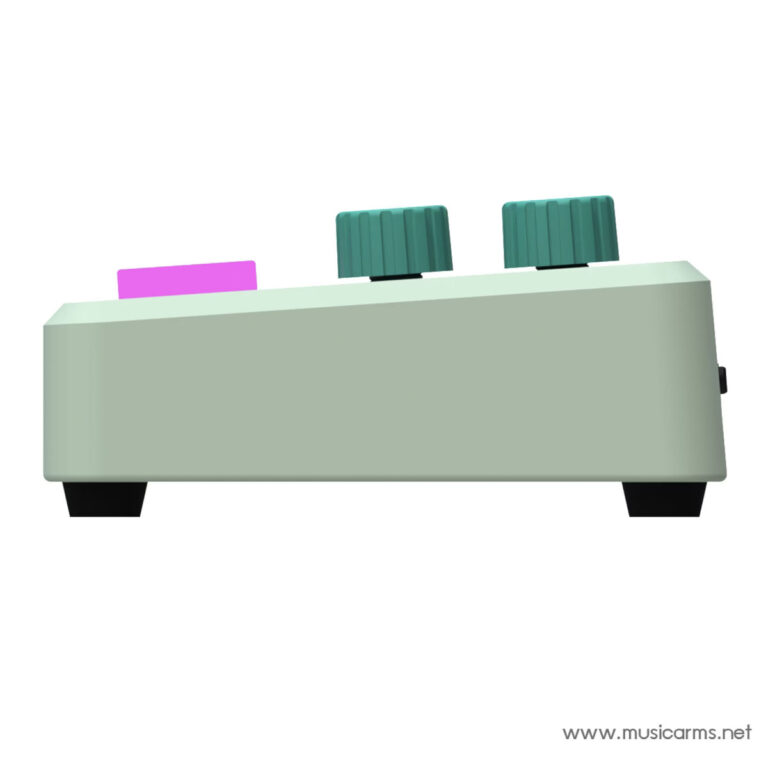 Mint-green guitar effects pedal with two teal knobs and a pink switch on a white background, shown from the side. ขายราคาพิเศษ