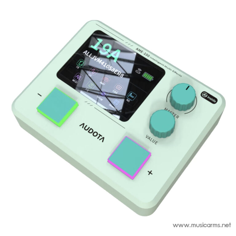 Mint-green handheld music toy with a small screen, two turquoise knobs, and colorful square pads labeled AUDOTA as input controls. ขายราคาพิเศษ