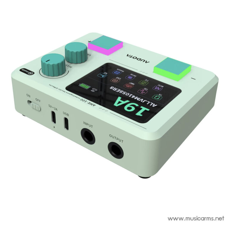 Mint green compact audio interface with two teal knobs, a touchscreen, and color-coded square pads on top. ขายราคาพิเศษ