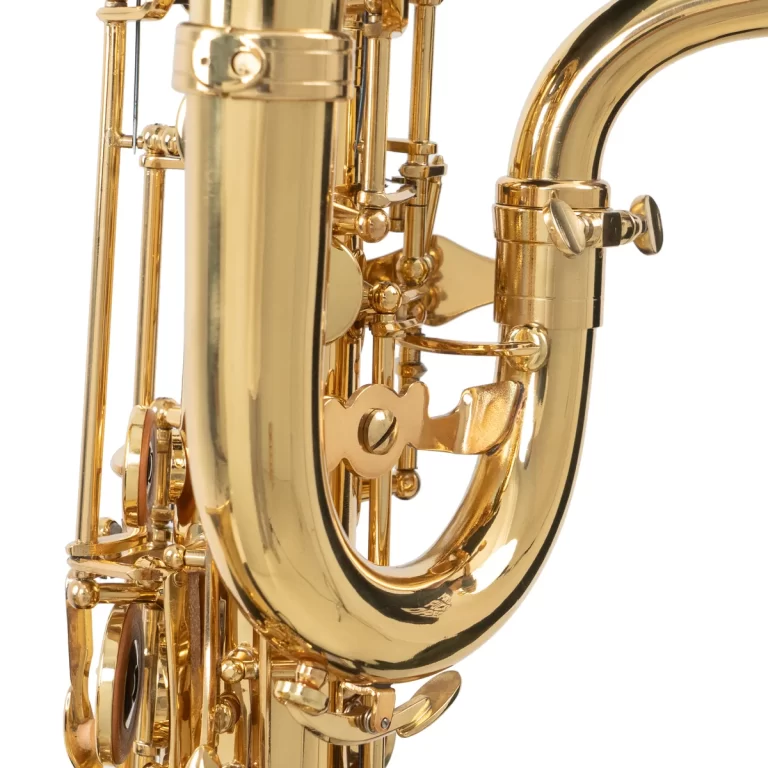 Close-up of a shiny gold brass saxophone, highlighting the curved neck and intricate keywork ขายราคาพิเศษ