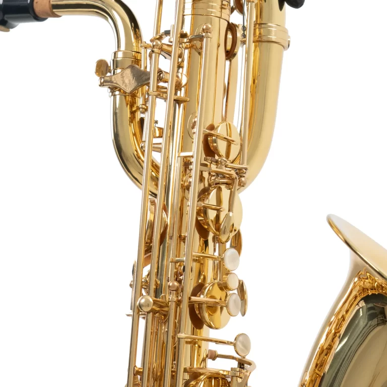 Close-up of a gold saxophone's body showing keys, rods, and polished brass finish ขายราคาพิเศษ