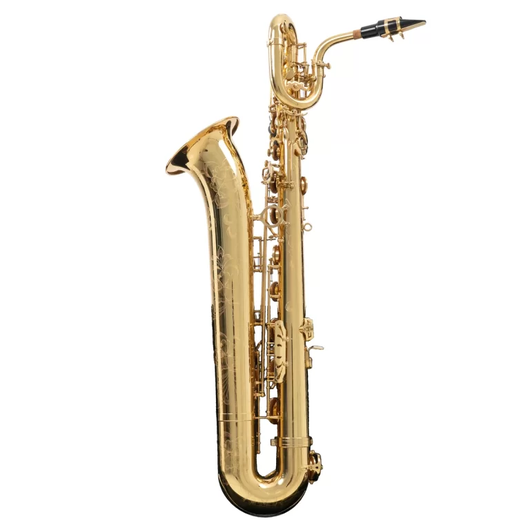 Gold saxophone standing upright on a white background, showing the curved neck and many keys. ขายราคาพิเศษ