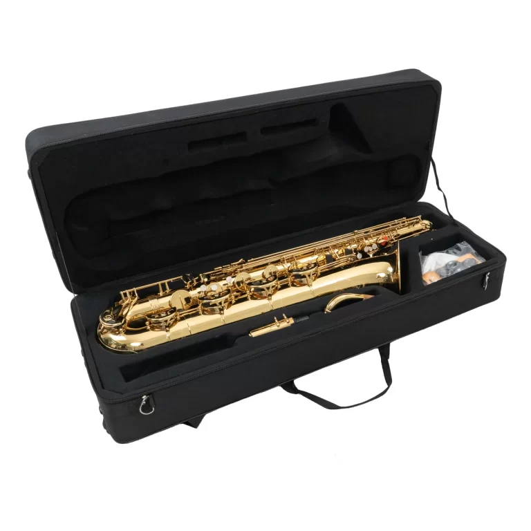 Gold saxophone resting inside an open black carrying case with foam padding and accessories visible in a small pouch pocket. ขายราคาพิเศษ