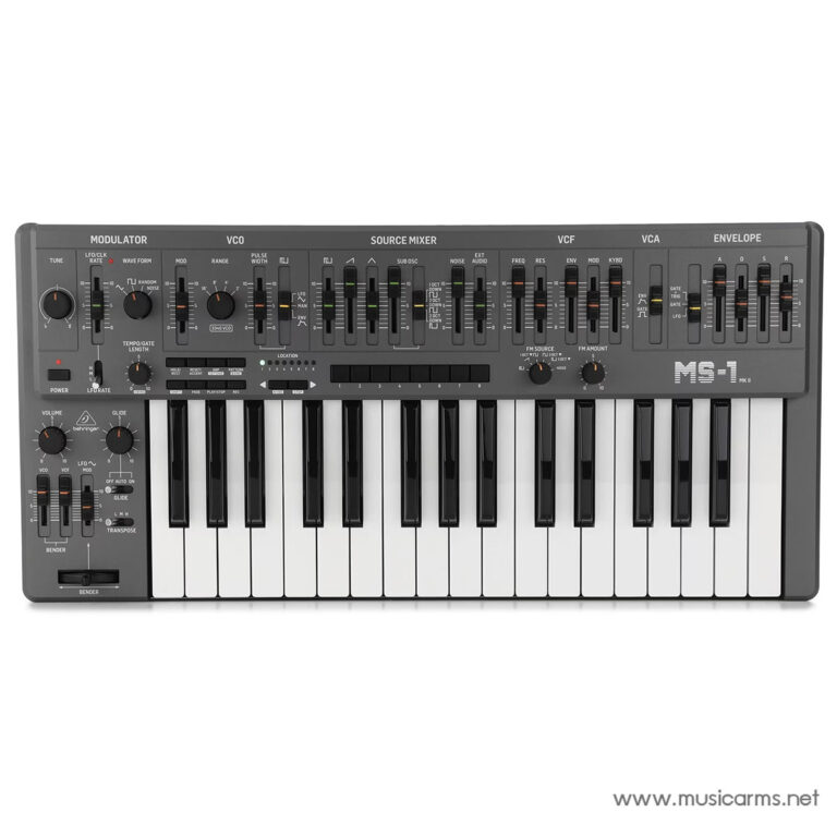 Behringer MS-1 analog synthesizer with numerous knobs, sliders, and a keyboard on a gray chassis. ขายราคาพิเศษ