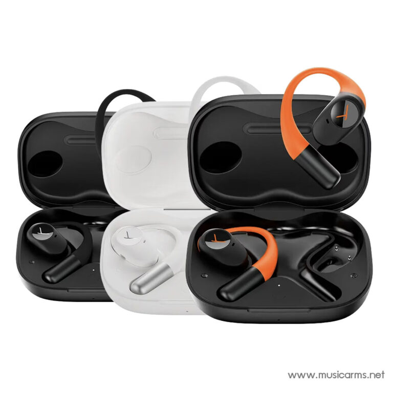 Wireless in-ear headphones with matching charging case in black, white, and translucent options; orange-accent ear tips. ขายราคาพิเศษ