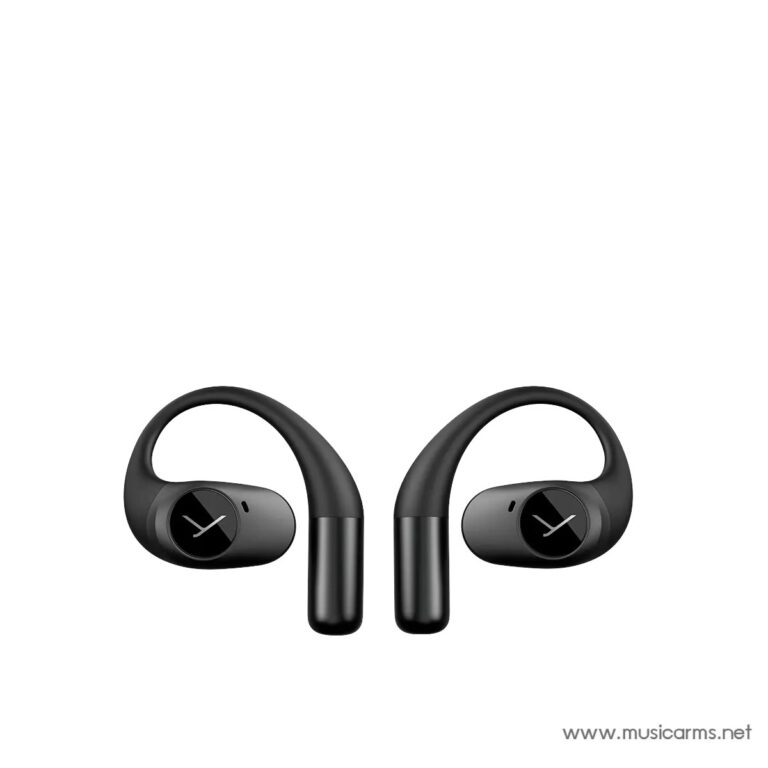 Pair of black wireless sport earbuds with curved ear hooks and circular control faces, shown from front. ขายราคาพิเศษ