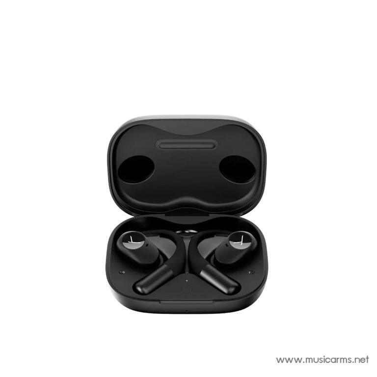 Black wireless earbuds in an open charging case on a white background, showing glossy earbuds with short stems and a compact case top lid closed nearby (product image) — watermark: musicarms.net ขายราคาพิเศษ