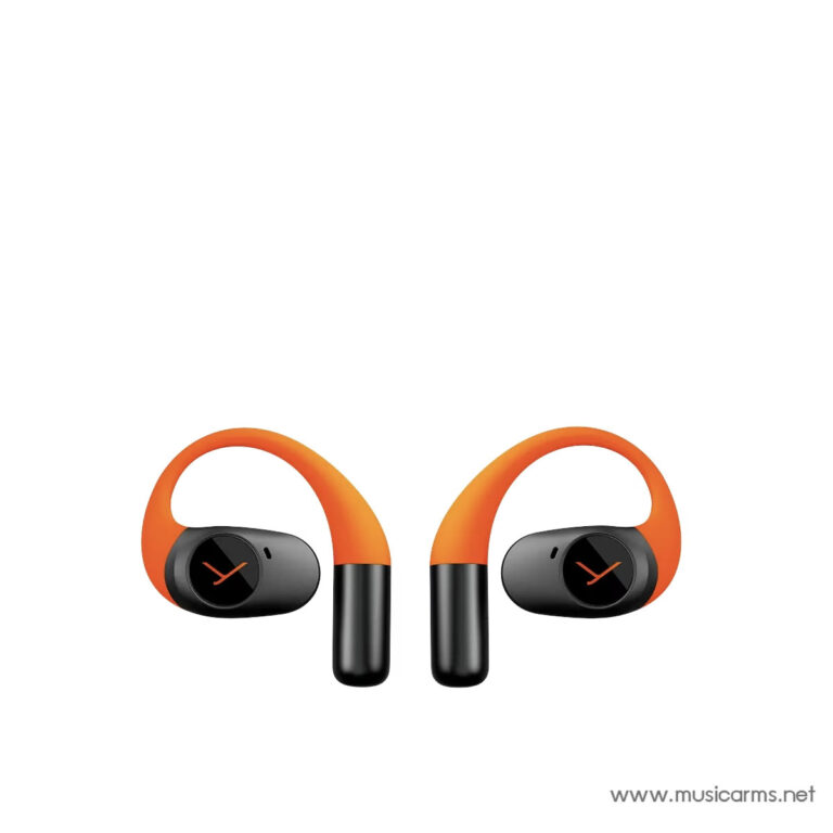 Pair of orange wireless earbuds with black cushions facing outward, on a white background ขายราคาพิเศษ