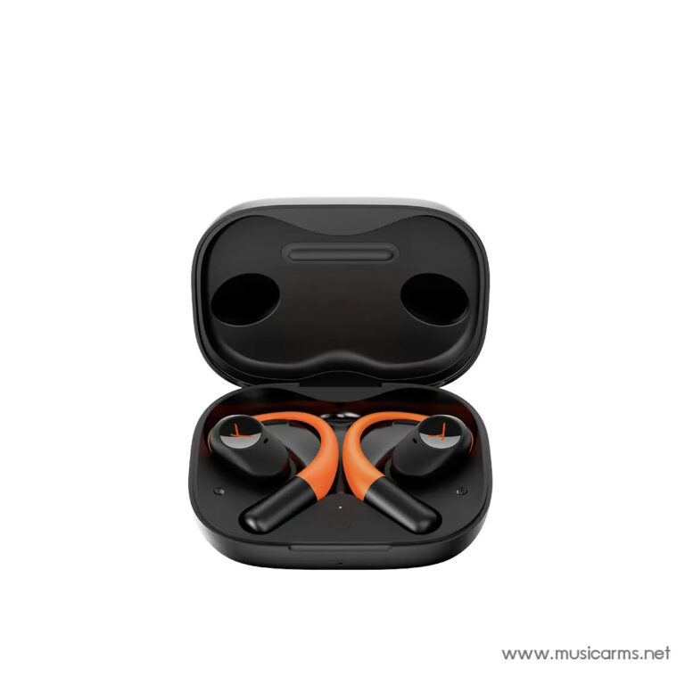 Wireless earbuds with orange accents inside an open charging case, product shot. ขายราคาพิเศษ