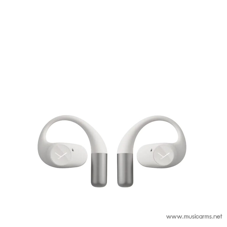 Pair of white wireless earbuds with curved ear hooks and silver cylindrical stems, shown from the front. ขายราคาพิเศษ