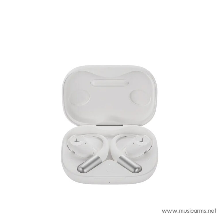 White wireless earbuds in an open charging case, earbuds resting inside with a minimal design. ขายราคาพิเศษ
