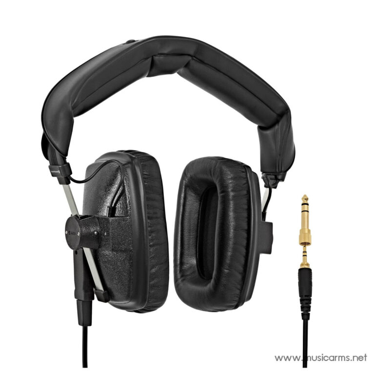 Black over-ear wired headphones with cushioned ear cups and adjustable headband, connected to a 3.5mm jack. Includes gold adapter shown beside the cable. ขายราคาพิเศษ