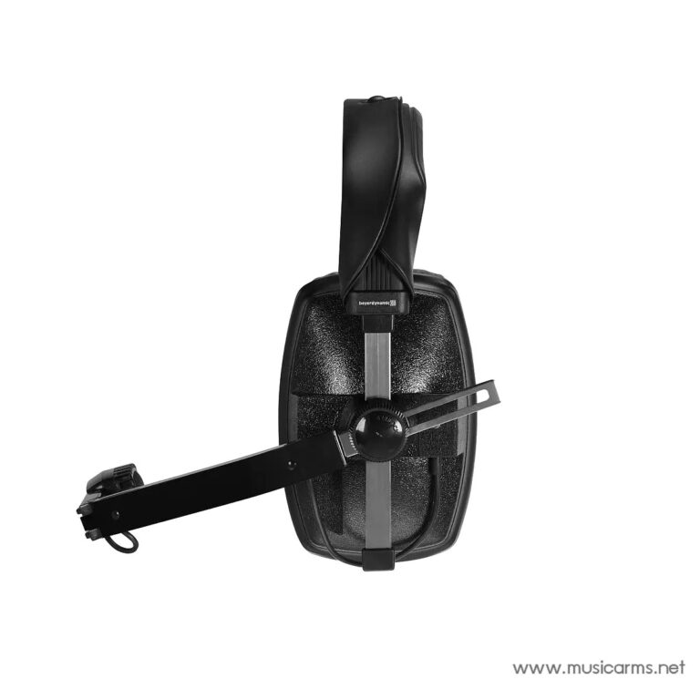 Black over-ear headphones with an adjustable boom microphone extended to the left, shown from the side with a textured ear cup and headband visible at the top. ขายราคาพิเศษ