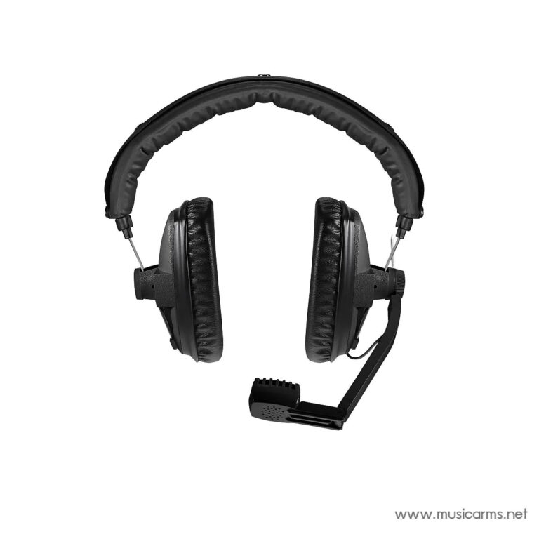 Black over-ear gaming headset with cushioned ears and attached microphone, shown from the front. ขายราคาพิเศษ