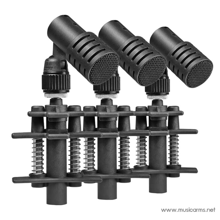 Three black studio microphones mounted in a row on a shared stand, angled to capture sound from a drum kit or ensemble work. ขายราคาพิเศษ