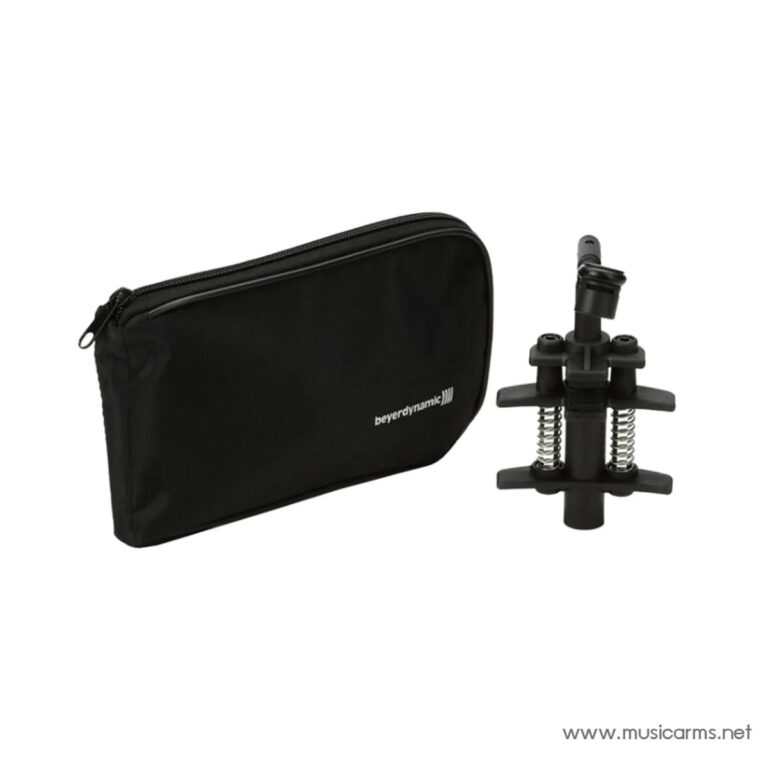 Black zippered carrying case beside a compact, spring-loaded adjustable mounting clamp (Beyerdynamic accessory) on a white background. ขายราคาพิเศษ
