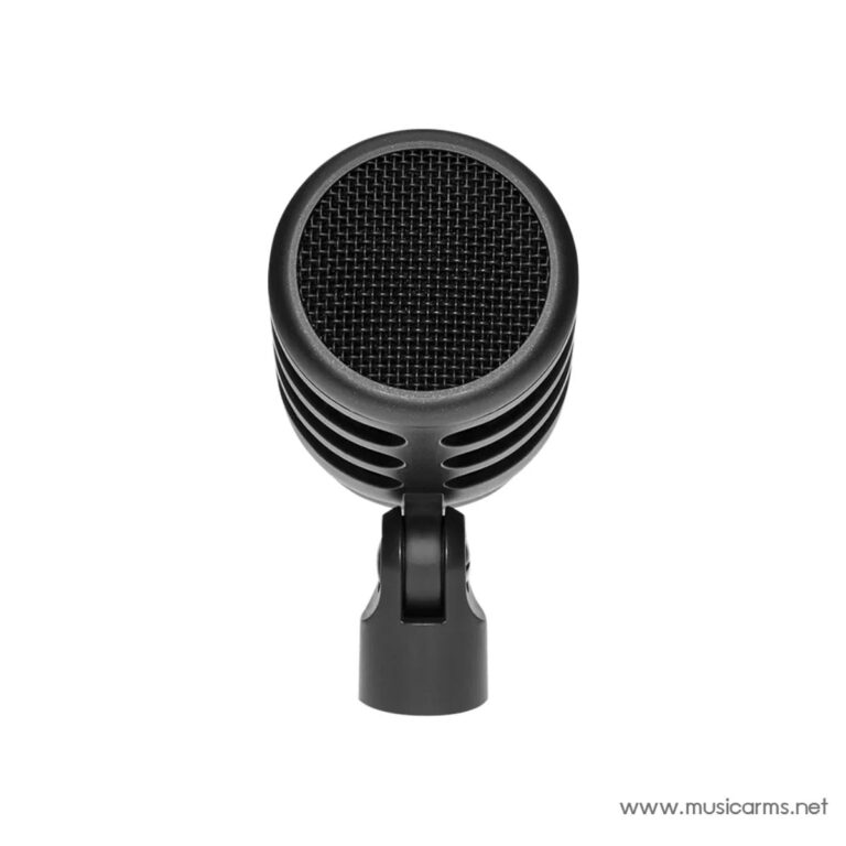 Close-up of a black studio microphone mounted on a small stand, facing forward. ขายราคาพิเศษ
