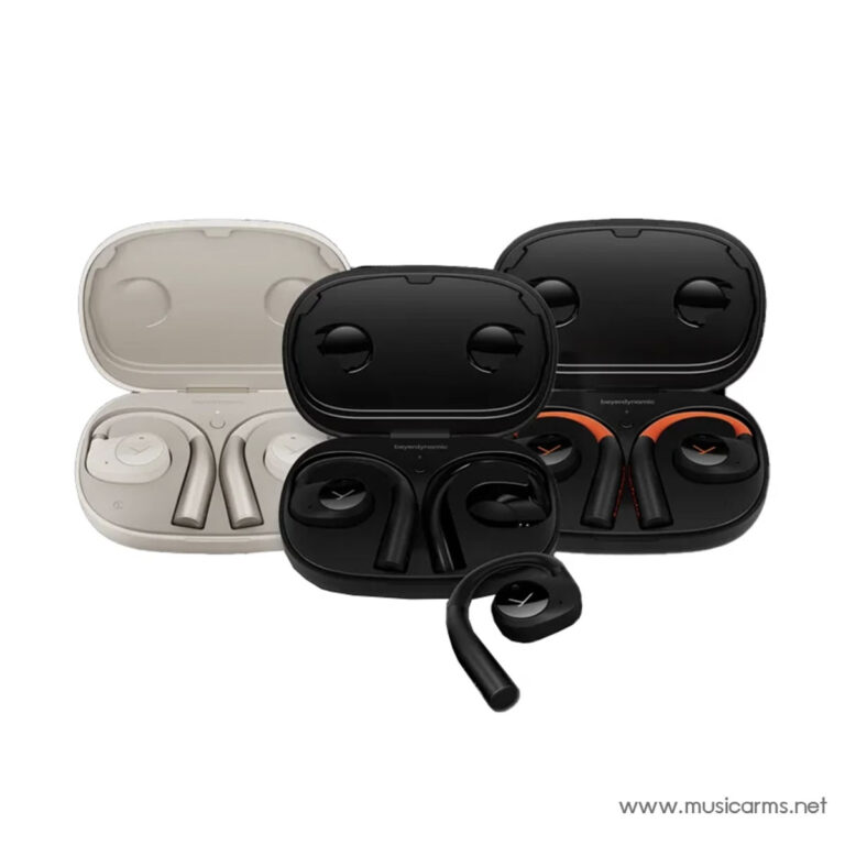 Set of true wireless earbud headphones with open charging cases in beige, black, and black/orange. ขายราคาพิเศษ