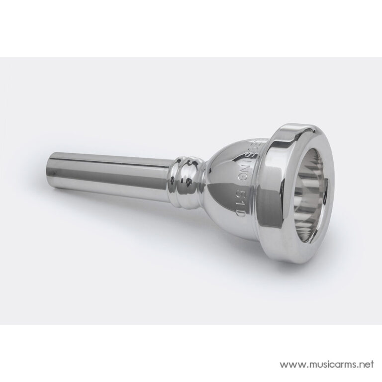 Shiny silver trumpet mouthpiece resting on a white surface with soft shadows ขายราคาพิเศษ