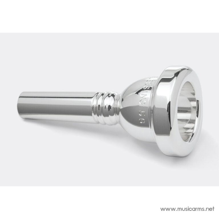 Silver trumpet/flugelhorn mouthpiece lying on its side, showing the cupped mouthpiece and cylindrical shank against a light background (product image) ขายราคาพิเศษ