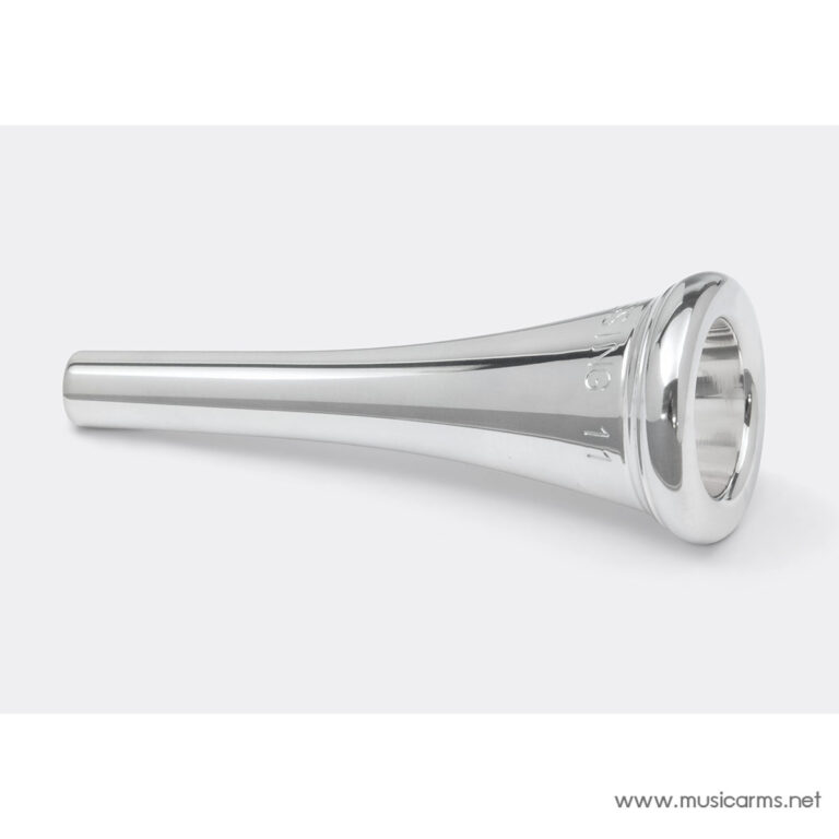 Shiny silver brass instrument mouthpiece resting on a light background. ขายราคาพิเศษ