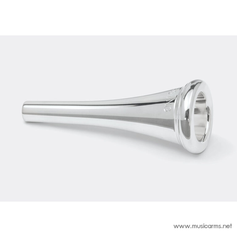 Shiny silver brass instrument mouthpiece resting on its side with the flared cup to the right on a white background. ขายราคาพิเศษ
