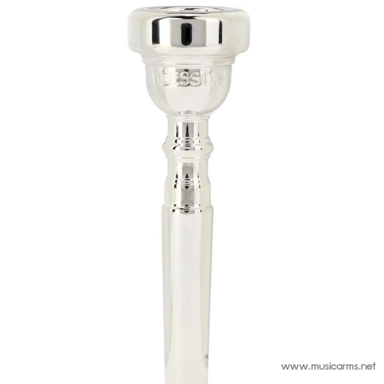 Shiny silver metal mouthpiece for a wind instrument with 'Blessing' engraving on the cup (close-up). ขายราคาพิเศษ