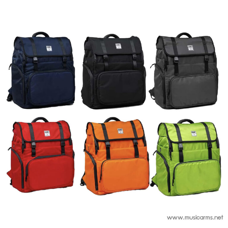 Six backpacks in assorted colors (navy, black, gray, red, orange, lime) arranged in two rows on a white background. ขายราคาพิเศษ