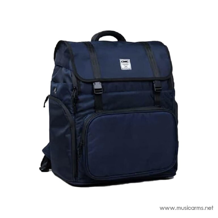 Navy blue backpack with two buckle straps, a large front pocket, side pocket, and top handle. ขายราคาพิเศษ