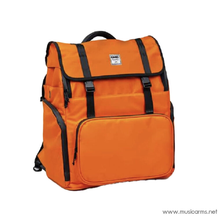 Orange courier-style backpack with black straps and a large front pocket, shown from a slight side angle.