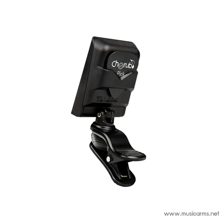 Black Cherub Pick clip-on guitar accessory with a sturdy clamp and adjustable mount, shown in a close-up. ขายราคาพิเศษ