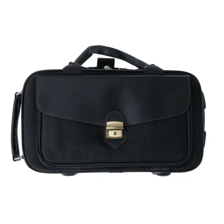 Black rectangular camera bag with a front flap, gold clasp, and carrying handle on top. ขายราคาพิเศษ