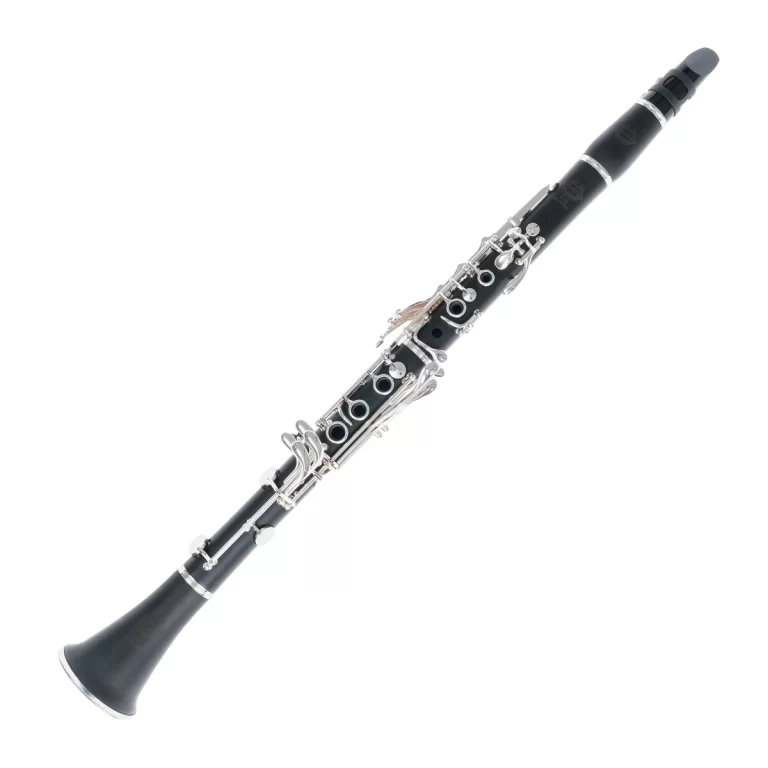 Black wood clarinet with silver keys angled diagonally across a white background. ขายราคาพิเศษ