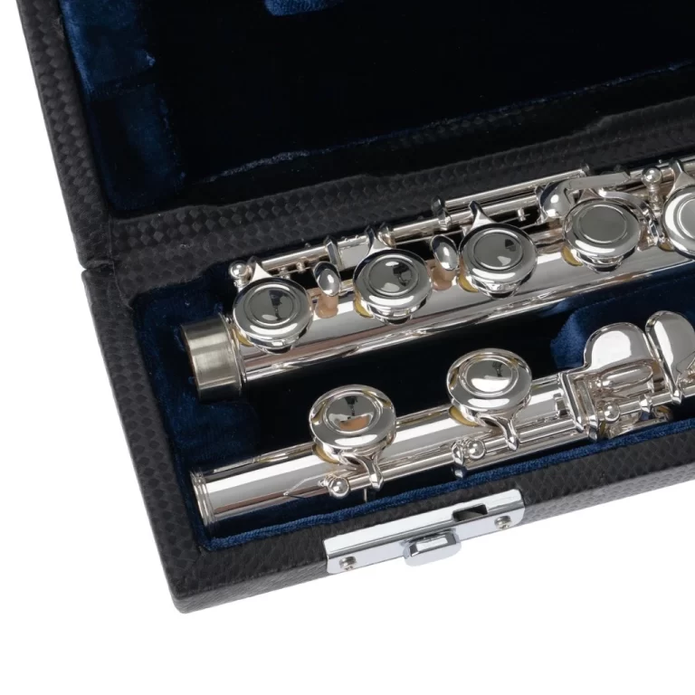 Silver flute resting in an open black case with blue velvet lining. ขายราคาพิเศษ