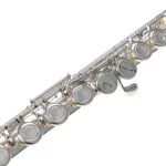 Close-up of a silver flute’s keys and pads along its body, diagonally oriented against a white background. ขายราคาพิเศษ