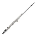 Silver concert flute lying diagonally on a white background, keys and pads visible ขายราคาพิเศษ