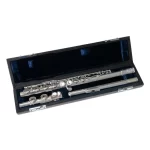 Open black case containing a silver flute laid in blue velvet lining, ready for playing. ขายราคาพิเศษ
