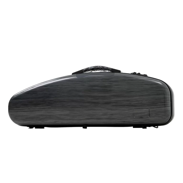 Side view of a dark gray textured hard-shell suitcase with wheels visible along the bottom edge. ขายราคาพิเศษ