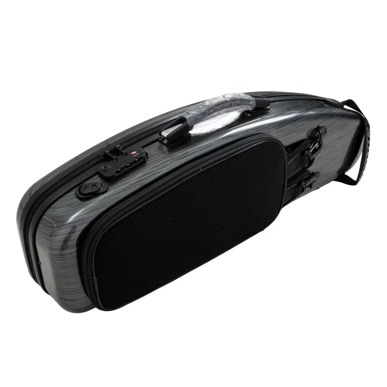 Black hard-shell carry case with dual zippers and a top handle wrapped in plastic, lying on its side for protection of belongings. ขายราคาพิเศษ