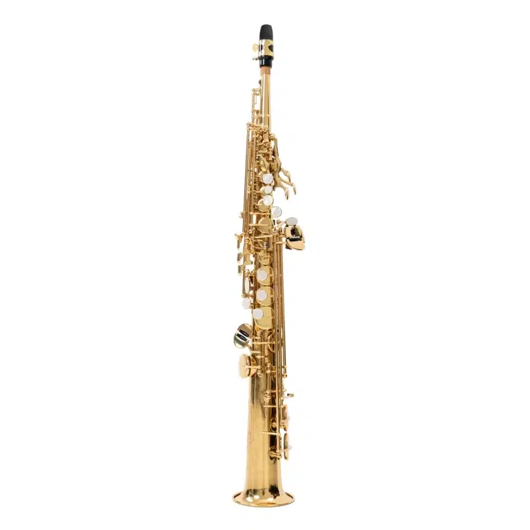 Shiny gold soprano saxophone standing upright against a white background with pearl keys visible. ขายราคาพิเศษ